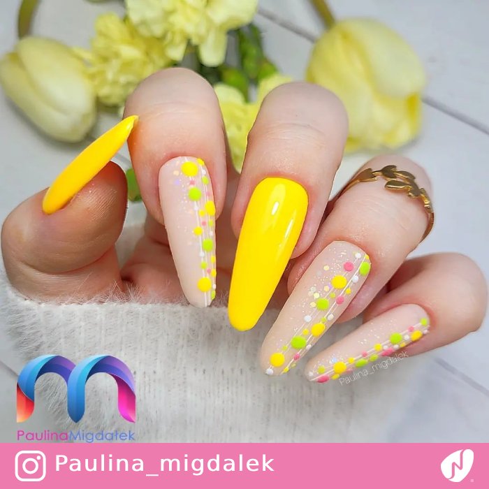 Yellow Almond Nails with Colorful Dots